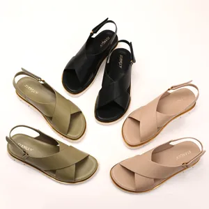Women's platform sandals with crisscross straps in black, green, and beige colors