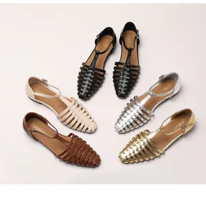 Flat woven roman sandals for women in black, beige, silver, brown, and gold colors