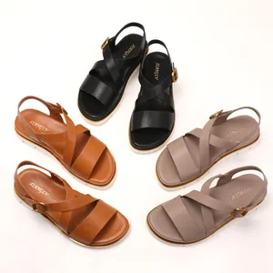 Women's wedge Roman sandals with cross straps and buckle in black, brown, and taupe