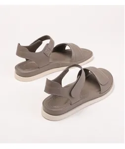 Detail view of khaki women's velcro sandals featuring thick soles and durable stitching