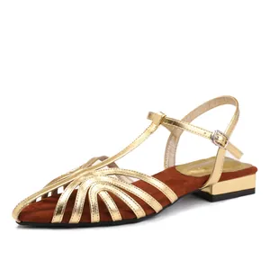 Women's gold hollow-out roman sandals with woven low heel and adjustable ankle strap