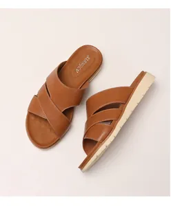Detailed top view of women's brown crisscross slide sandals with a thick non-slip sole