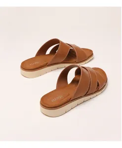 Detailed view of brown platform sandals with wide criss-cross straps and white stitching