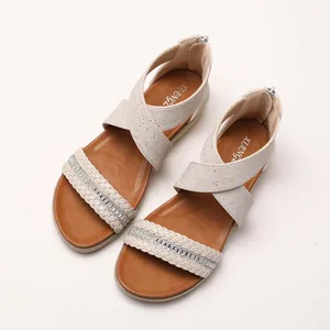 Beige rhinestone braided wedge sandals with bohemian open toe and cross elastic straps