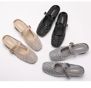 Ballerines en mesh à strass en noir, abricot et gris avec des détails scintillants élégants