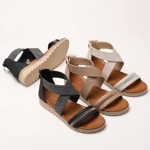 Women's rhinestone woven wedge sandals with bohemian platform sole and rear zippers