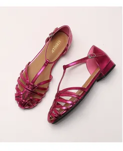 Metallic magenta woven cage toe sandals with adjustable T-strap and block heel