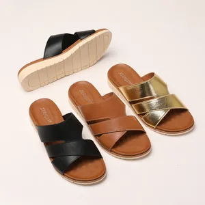 Chic platform slide sandals with cross strap design in black, brown and gold colors