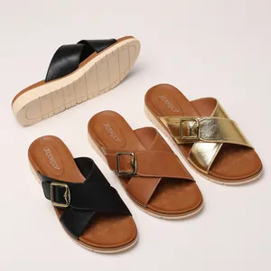 Chic platform beach sandals with crossover leather straps and metal buckles in three colors