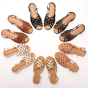Women's Roman Woven Flat Sandals Summer Soft Sole Hollow Out Ankle Strap Buckle Peep Toe Casual Beach Shoes