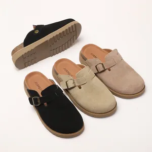 Damen-Clogs aus Kork in Schwarz, Khaki und Braun mit Wildleder-Obermaterial und Schnalle