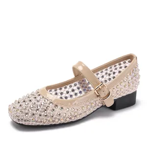 Scarpe Basse Mary Jane da Donna in Rete con Strass Punta Arrotondata Cinturino con Fibbia Traspirante Tacco Largo Basso Gioielli per Matrimonio