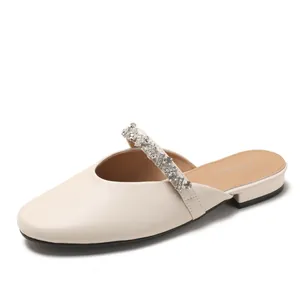 Women's Rhinestone Closed Toe Flat Mules French Elegant Microfiber Leather Slides Casual Non-slip Comfortable Slip-on Shoes