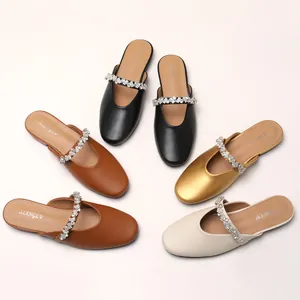 Flat rhinestone mule slippers in black, brown, gold, and beige for women