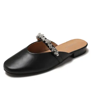 French style black pointed toe mule slippers with rhinestone strap and flat heel