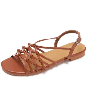 Hand-woven brown strappy Roman sandals for women featuring square-toe flat soles