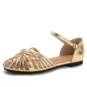 Women Flat Gladiator Sandals Woven Cage Ankle Strap Sandals With Bow Hollow Out PU Leather Casual Summer Shoes