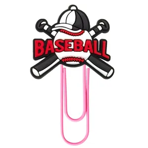 Pink baseball themed paperclip with PVC baseball cap and bat bookmark decoration