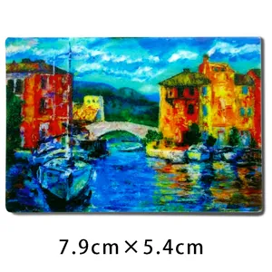 Artistic seaside painting fridge magnet featuring vibrant European town and coastal scenery