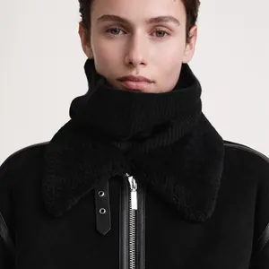 Chic black fleece-lined biker jacket with matching knitted warm neck gaiter for winter