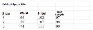 Size chart for satin A-line maxi skirt showing waist, hip, and length measurements