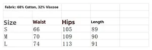 Detailed size chart for high-waisted fishtail skirt featuring cotton and rayon fabric blend