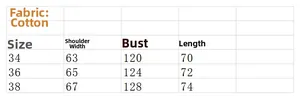 Size chart for casual cotton short sleeve shirt showing shoulder, chest, and length measurements