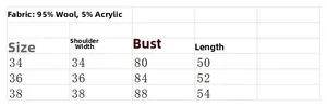 Size chart for wool vest sweater listing 95% wool fabric specs and dimensions