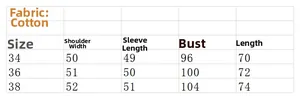 Size chart for women cotton long sleeve shirt including shoulder and chest measurements