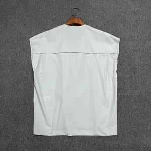 Rear view of minimalist grey sleeveless top showing stitching detail on smooth fabric