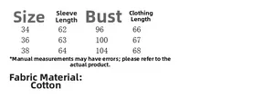 Detailed size chart for women's denim shirt including bust, length, and sleeve measurements