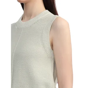 Minimalist off-white wool knit vest featuring a round neck and soft ribbed edges for women