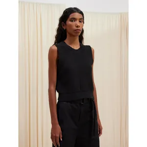 Minimalist black round neck sleeveless wool knitted vest sweater for women in autumn