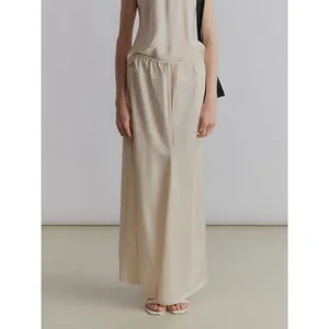 Women Satin Midi Skirt High Waist Elastic Drawstring A-Line Long Skirt Nordic Minimalist Casual Commuter Summer Bottoms