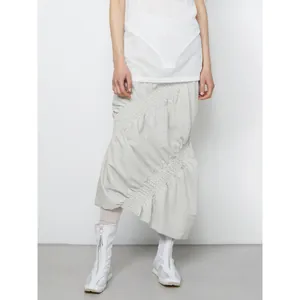 Women High Waist Irregular Fishtail Midi Skirt Cotton Rayon Ruched Striped Solid Color Asymmetrical Hem Casual Slimming Skirt