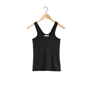 Women's black U-neck cotton tank top shown on a wooden hanger against white background