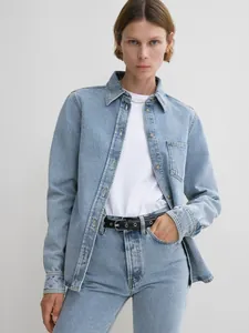 Women's Cotton Denim Shirt Contrast Stitching Long Sleeve Lapel Top Minimalist Solid Color Blouse Office Lady Workwear