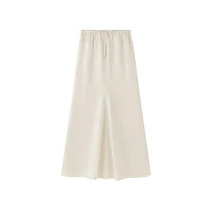 Minimalist cream satin A-line maxi skirt with elastic drawstring waist and smooth drape