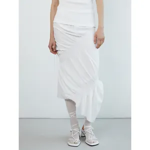 Minimalist white high waist midi skirt with diagonal ruching and irregular fishtail hem