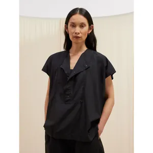 Minimalist Cotton Cowl Neck Short Sleeve Blouse Women Loose Fit Single Breasted Casual Shirt Top With Metal Snap Buttons