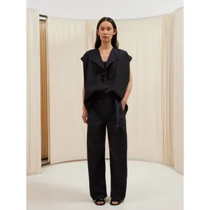 Minimalist black cargo sleeveless shirt with belted wide leg trousers set for women