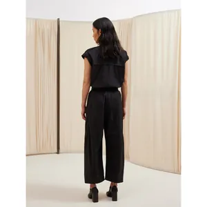 Minimalist black short sleeve top and wide leg pants set seen from a back view