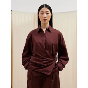 Women Cotton Wrap Blouse Asymmetric Button Shirt Long Sleeve Lapel Collar Casual Office Work Top Solid Irregular Hem Shirt