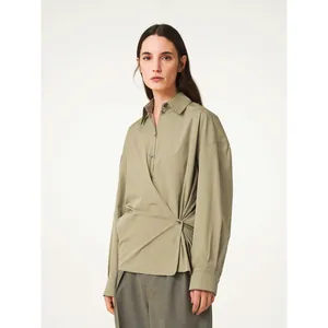 Minimalist olive green wrap-style long sleeve cotton shirt with asymmetric collar