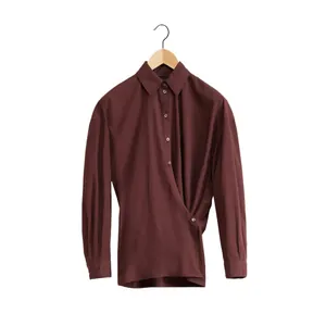 Minimalist burgundy asymmetric wrap shirt in pure cotton with long sleeves and lapel