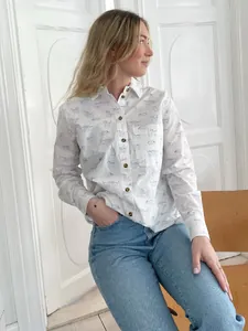 Chemise Femme en Pur Coton Style Français Imprimé Chat Cheval Manches Longues Col Rabattu Boutonnage Simple Chemisier Casual