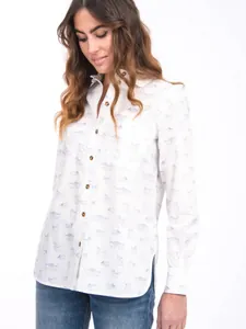 Chemise blanche en coton à manches longues avec imprimé chat de style français élégant