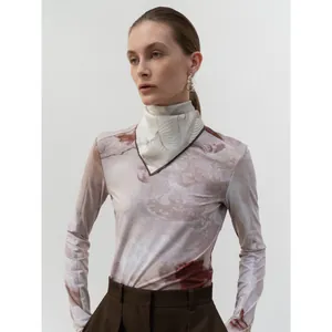 Elegant long sleeve slim top with marble art print and unique scarf high neck design