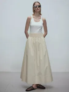Women's 100% Cotton A-Line Maxi Skirt Elastic Waist Pleated Solid Color Minimalist Casual Commute Fashion Long Skirt