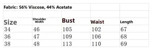 Size chart for loose satin sleeveless top showing fabric composition and measurements